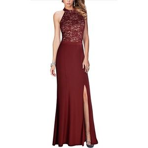 Burgundy Halter Floral Lace Vintage Wedding Maxi Long Dress